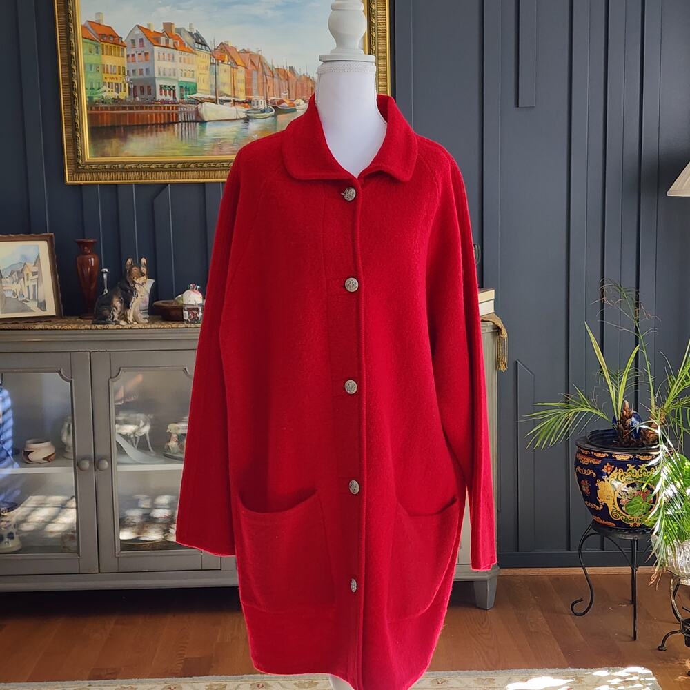 Karen Scott 90s Red Pure Wool Sweater Coat Sz Large Vintage